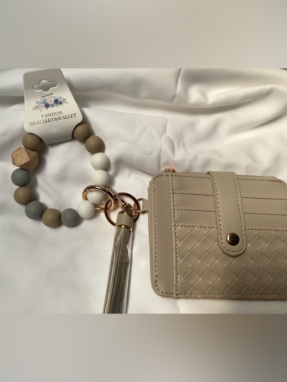 Neutral Woven Wristlet Card Holder with Beaded Keyring